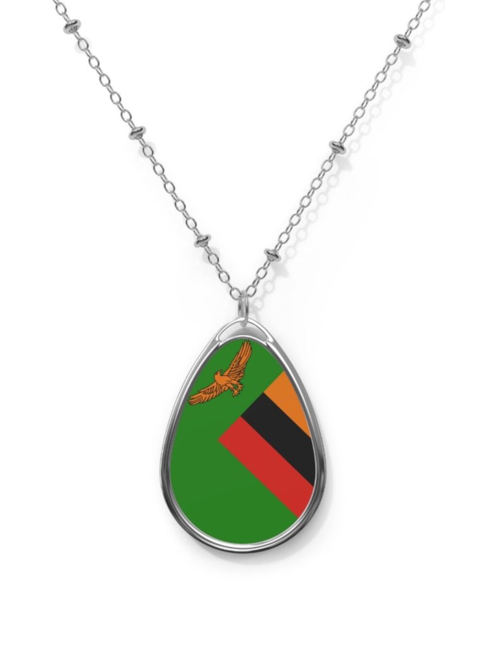 Zambia Flag Oval Necklace – Patriotic Zinc Alloy Pendant - One Size / Silver